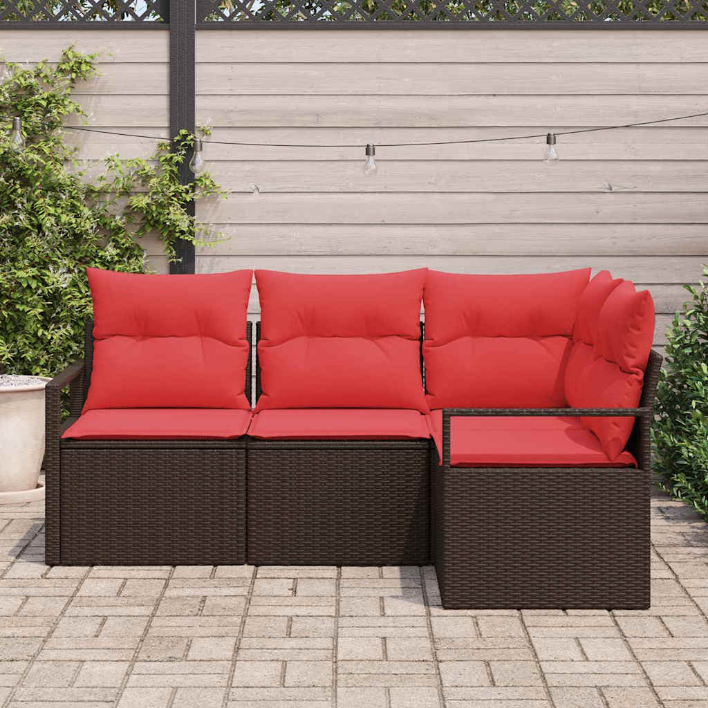 Havesofa Sæt med pude 4 pcs Brun og Rød polyrattan