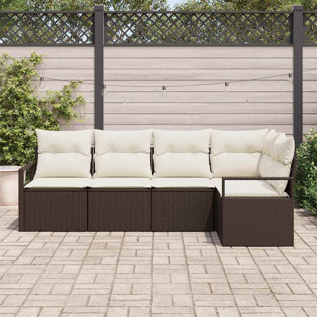Havesofa Sæt med pude 5 pcs Brun og hvid polyrattan
