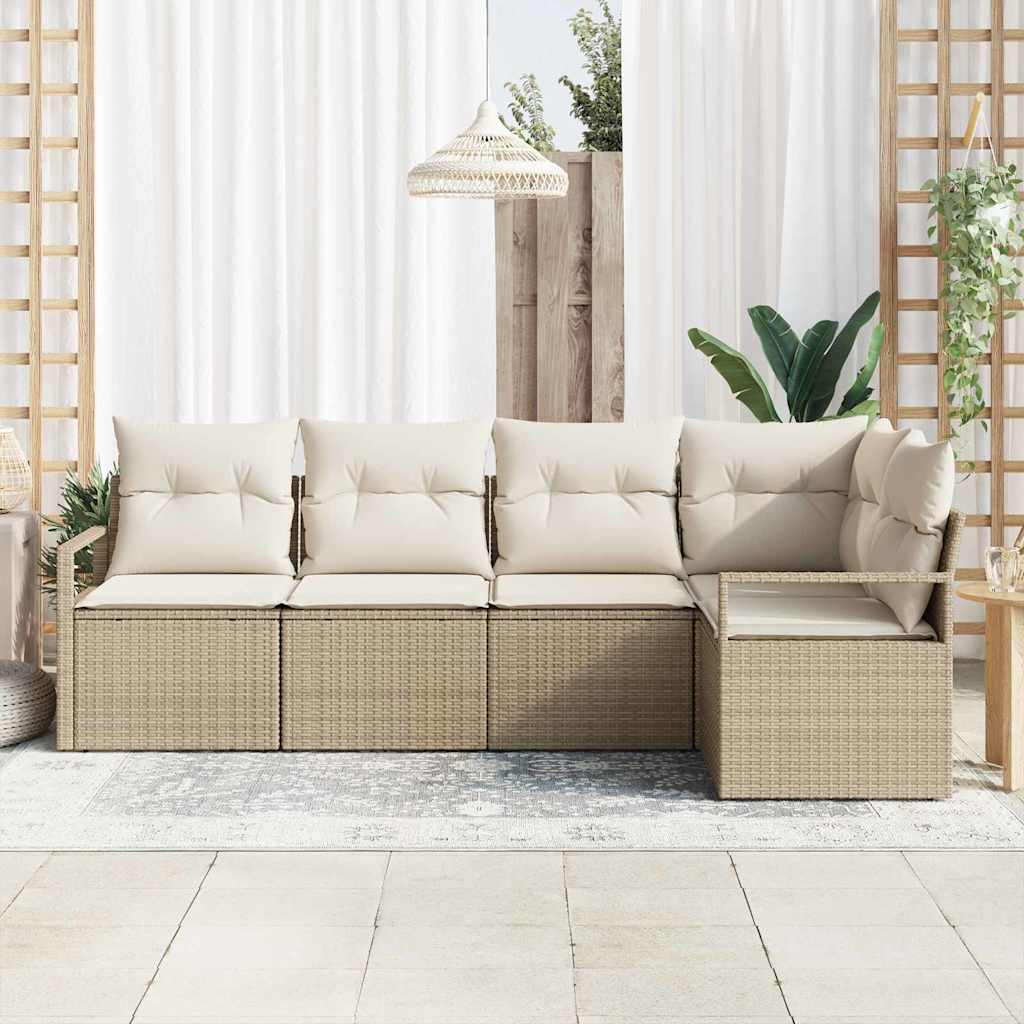 Havesofa Sæt med pude 5 pcs Beige og hvid polyrattan