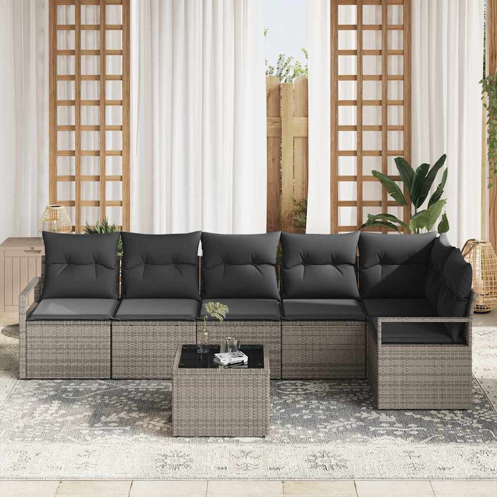 Havesofa Sæt med pude med opbevaring 7 pcs Lysegrå polyrattan
