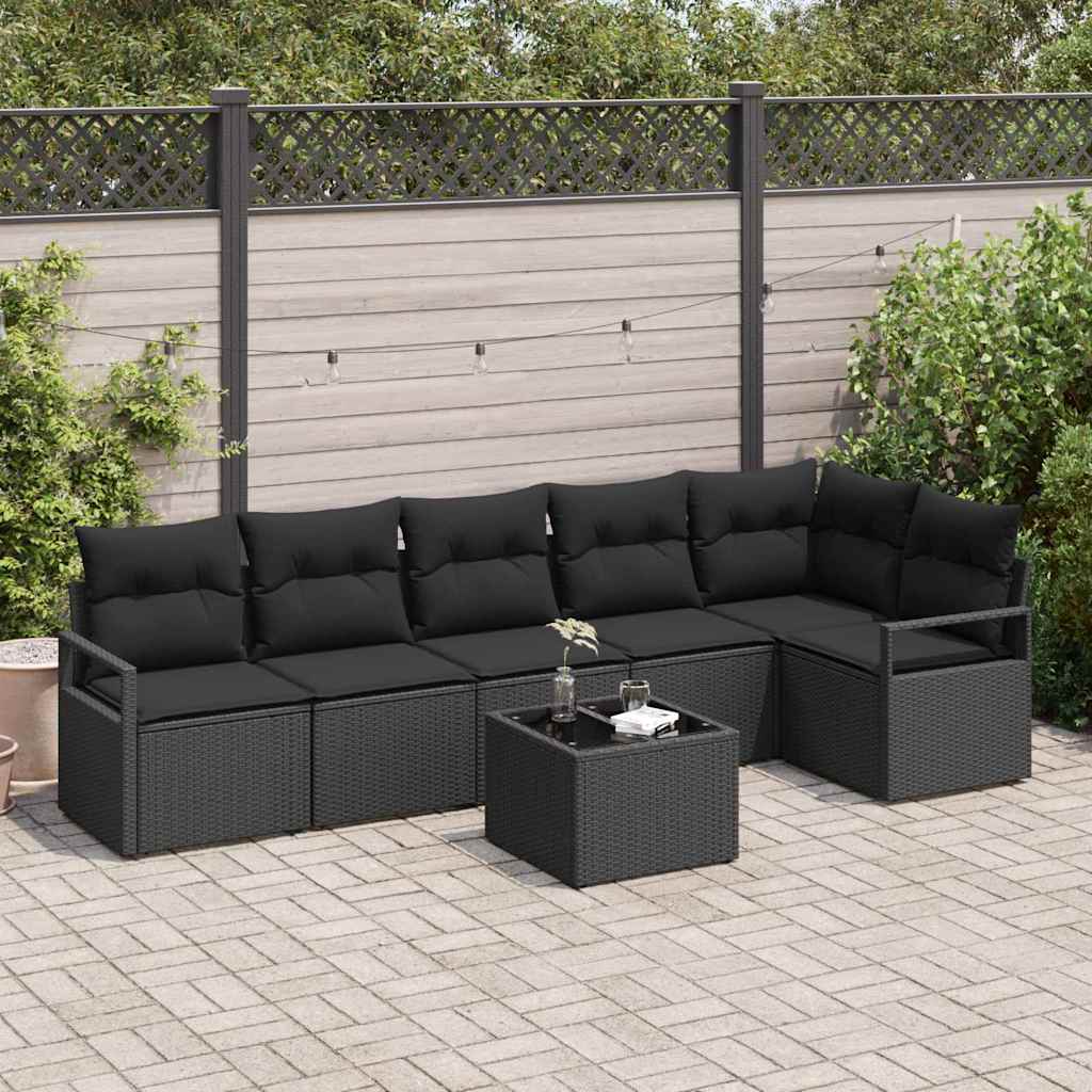 Havesofa Sæt med pude med opbevaring 7 pcs Sort polyrattan