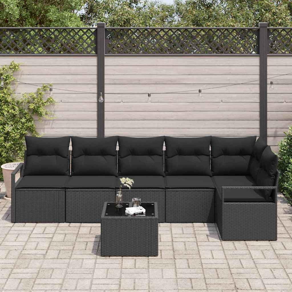 Havesofa Sæt med pude med opbevaring 7 pcs Sort polyrattan