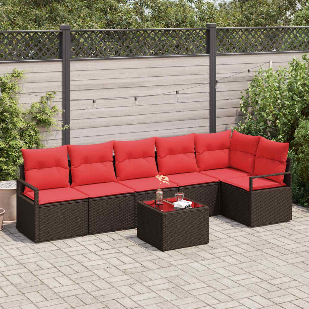 Havesofa Sæt med pude 7 pcs Brun og Rød polyrattan