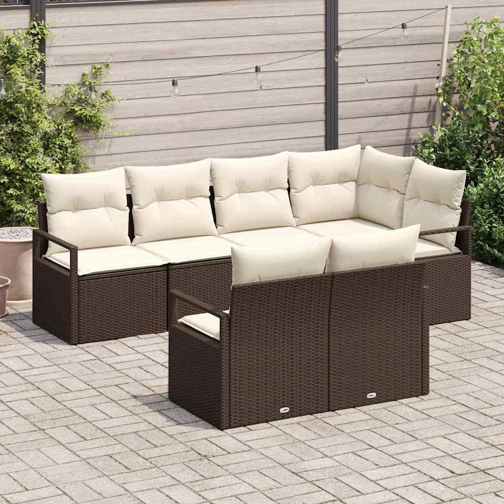 Havesofa Sæt med pude 7 pcs Brun og hvid polyrattan