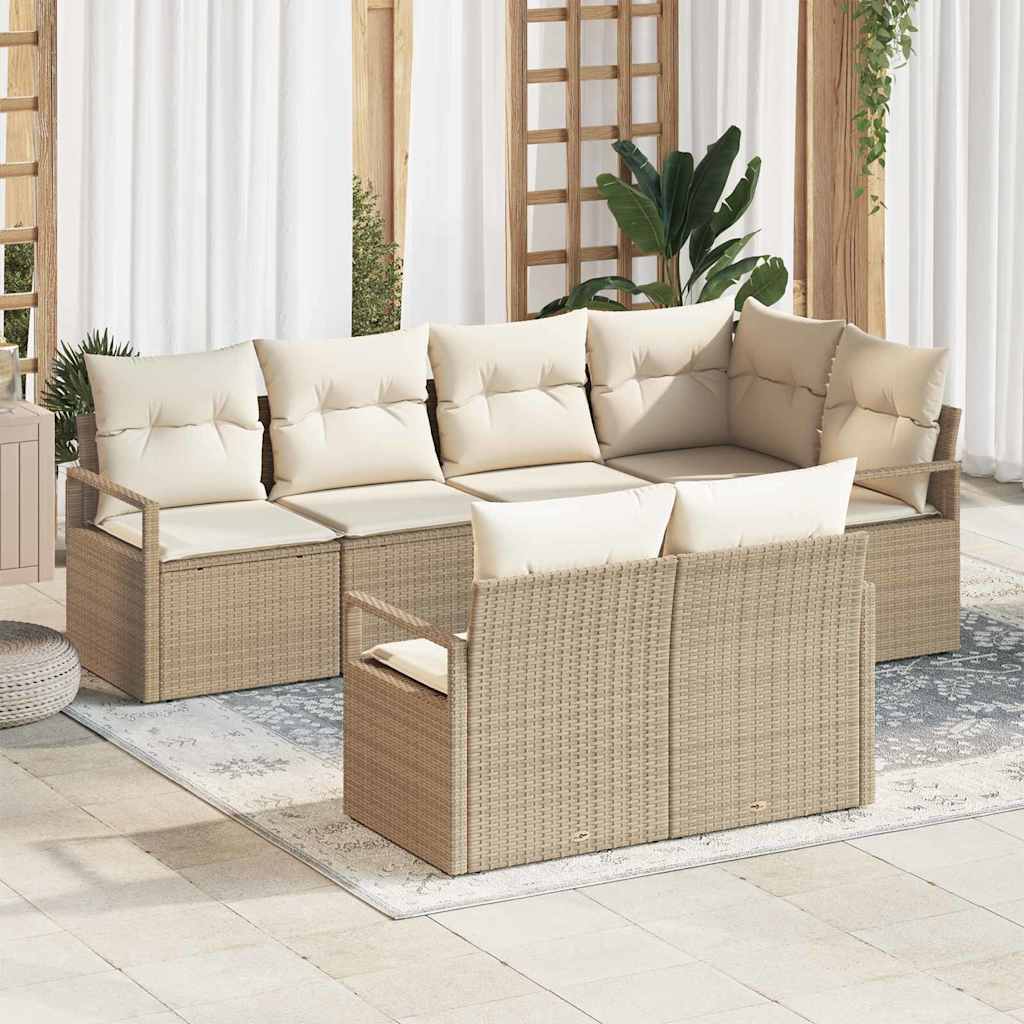 Havesofa Sæt med pude 7 pcs Beige og hvid polyrattan