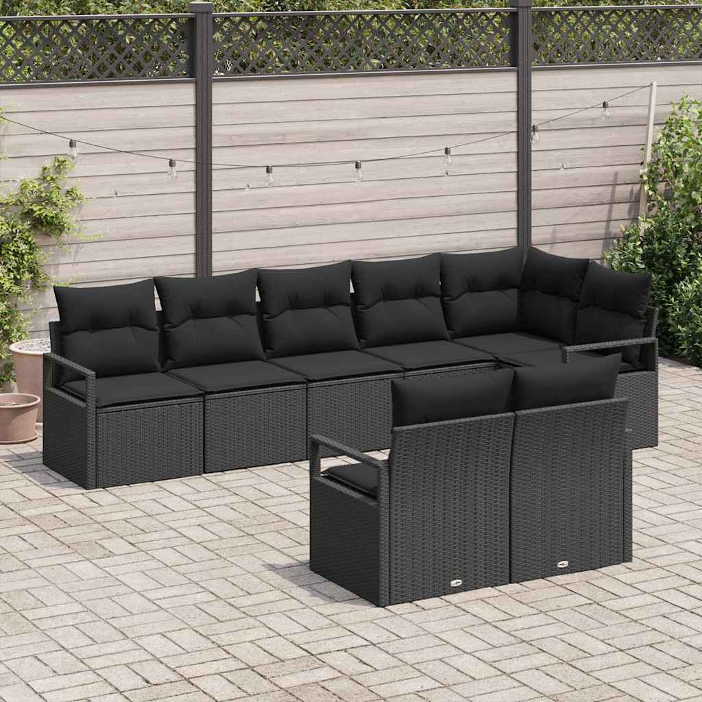 Havesofa Sæt med pude med opbevaring 8 pcs Sort polyrattan