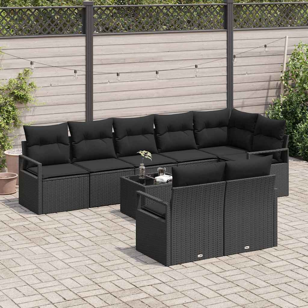Havesofa Sæt med pude med opbevaring 9 pcs Sort polyrattan