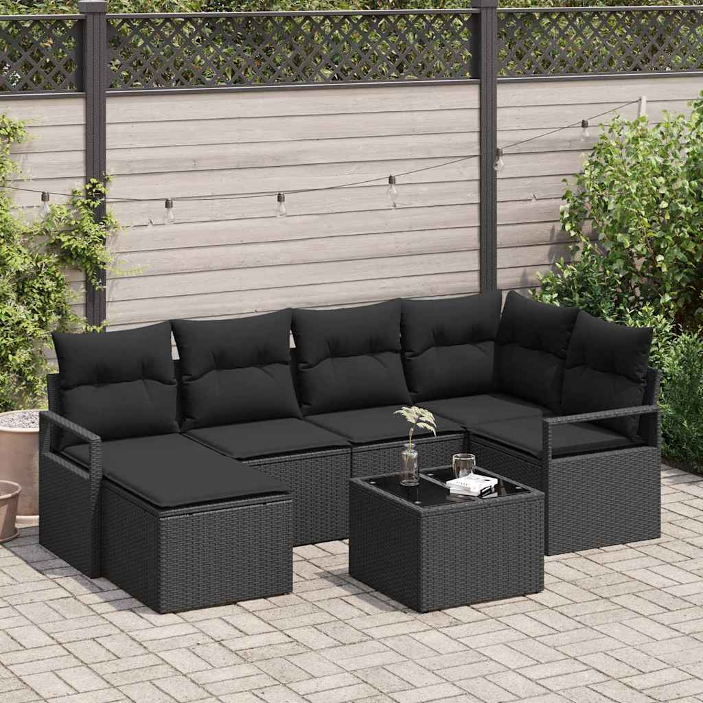 Sofa Sæt med pude med opbevaring 7 pcs Sort polyrattan