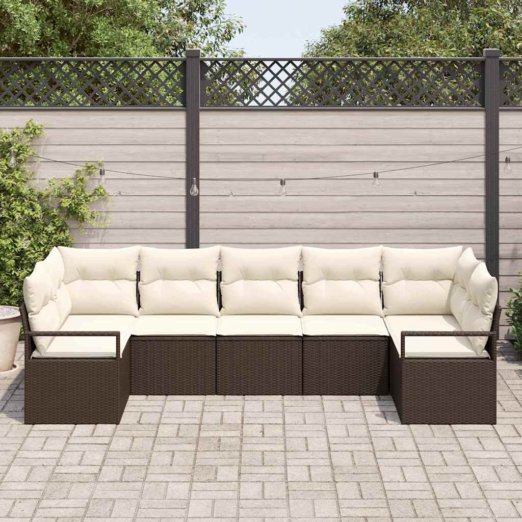 Havesofa Sæt med pude 7 pcs Brun og hvid polyrattan