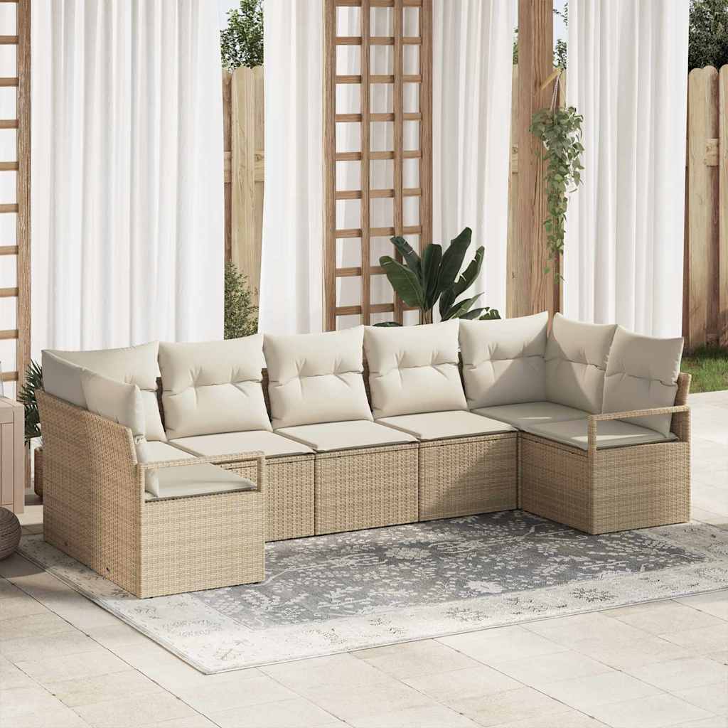 Havesofa Sæt med pude 7 pcs Beige og hvid polyrattan