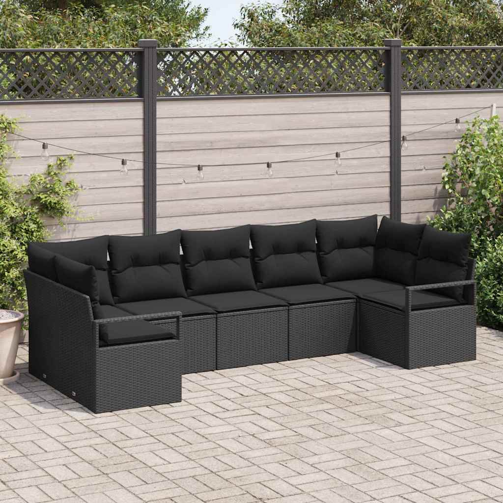 Havesofa Sæt med pude med opbevaring 7 pcs Sort polyrattan