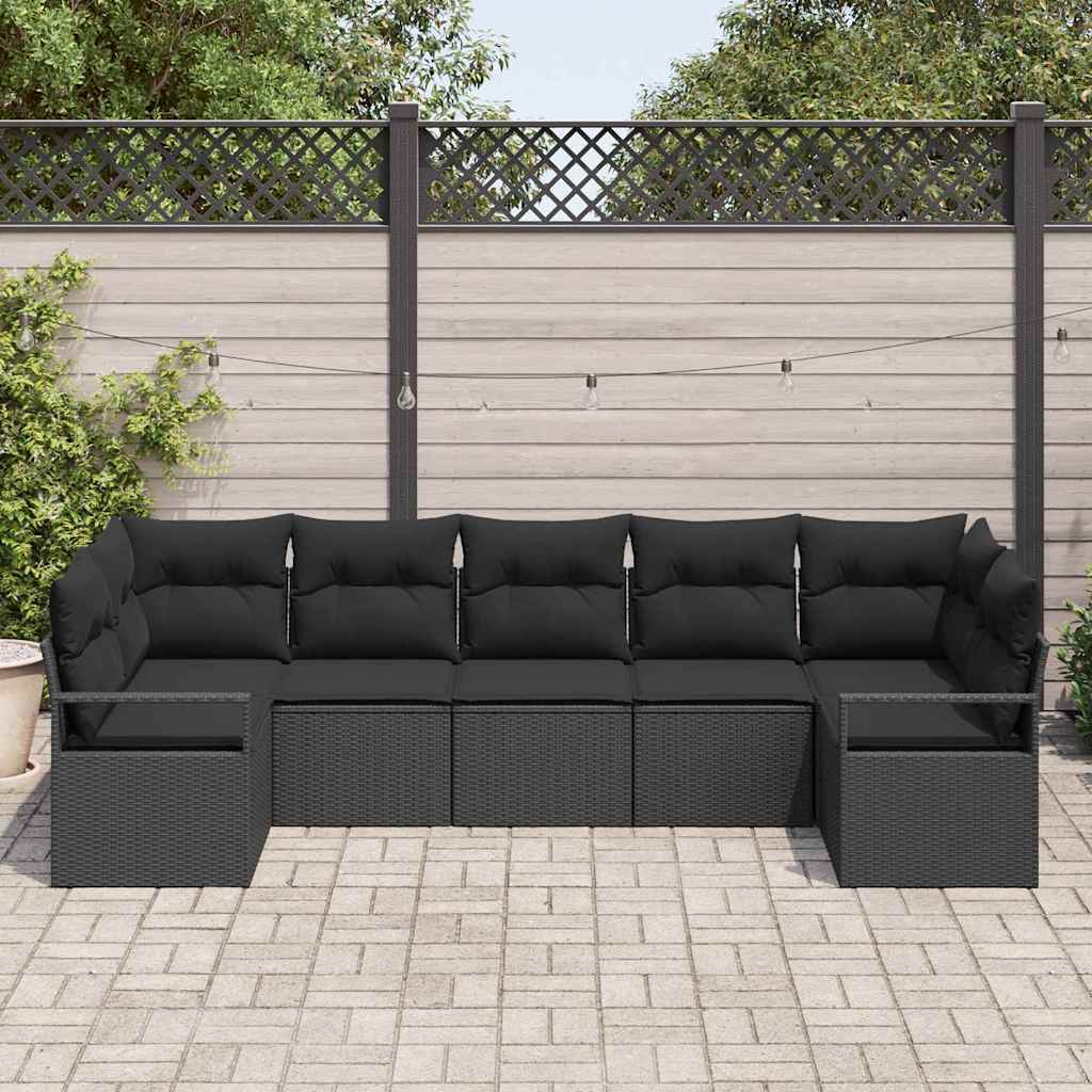 Havesofa Sæt med pude med opbevaring 7 pcs Sort polyrattan
