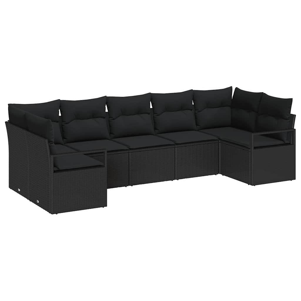 Havesofa Sæt med pude med opbevaring 7 pcs Sort polyrattan