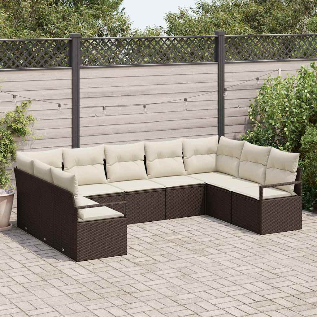 Havesofa Sæt med pude 9 pcs Brun og hvid polyrattan