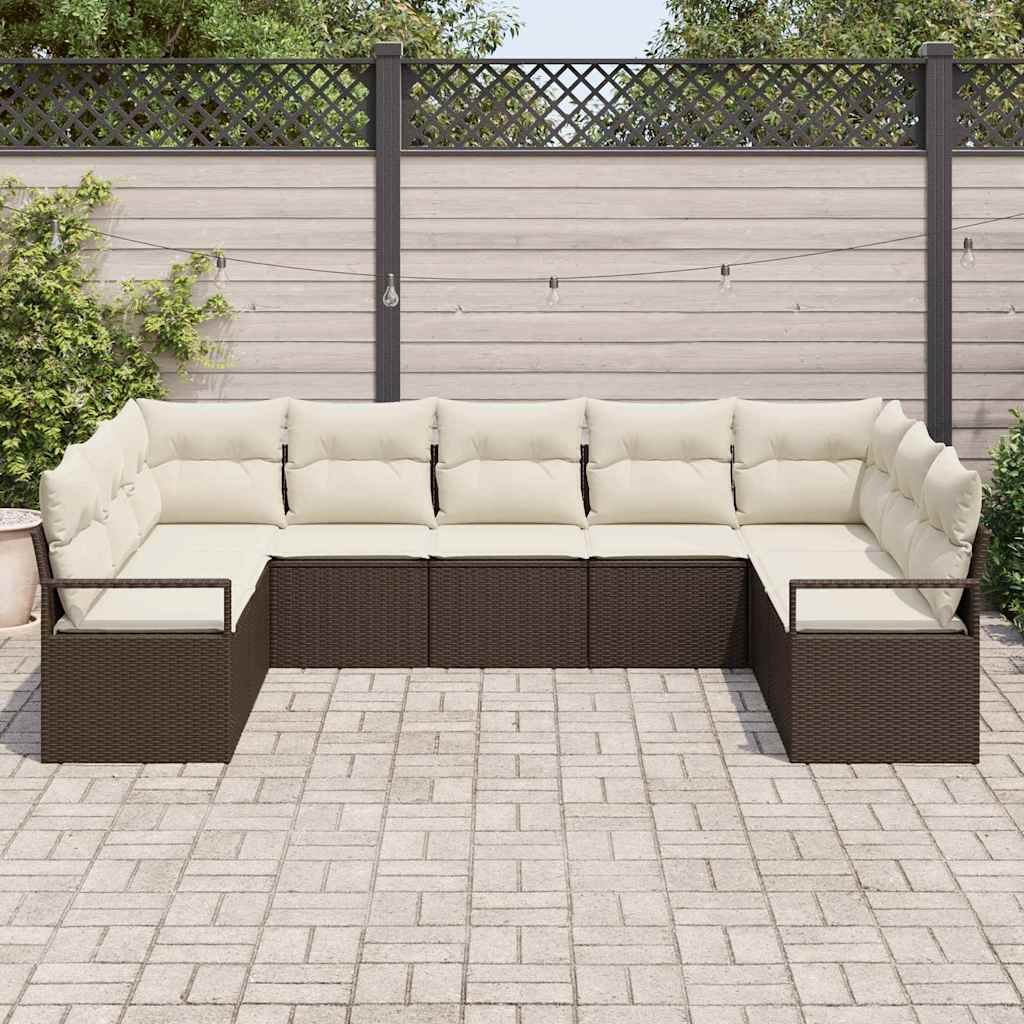 Havesofa Sæt med pude 9 pcs Brun og hvid polyrattan