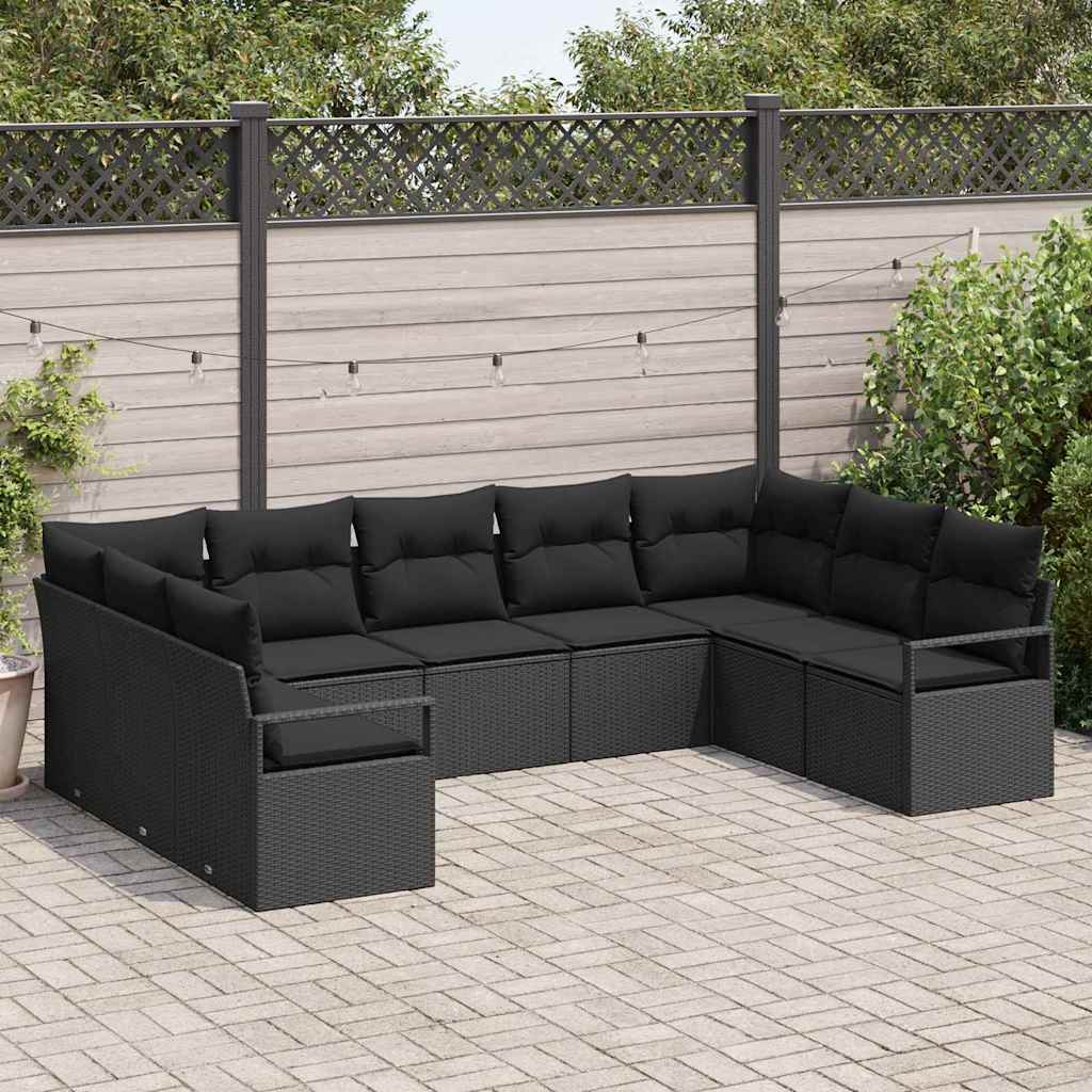 Havesofa Sæt med pude med opbevaring 9 pcs Sort polyrattan