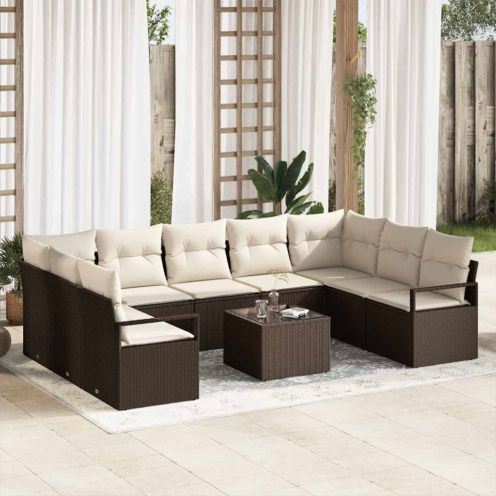 Havesofa Sæt med pude 10 pcs Brun og Creme polyrattan