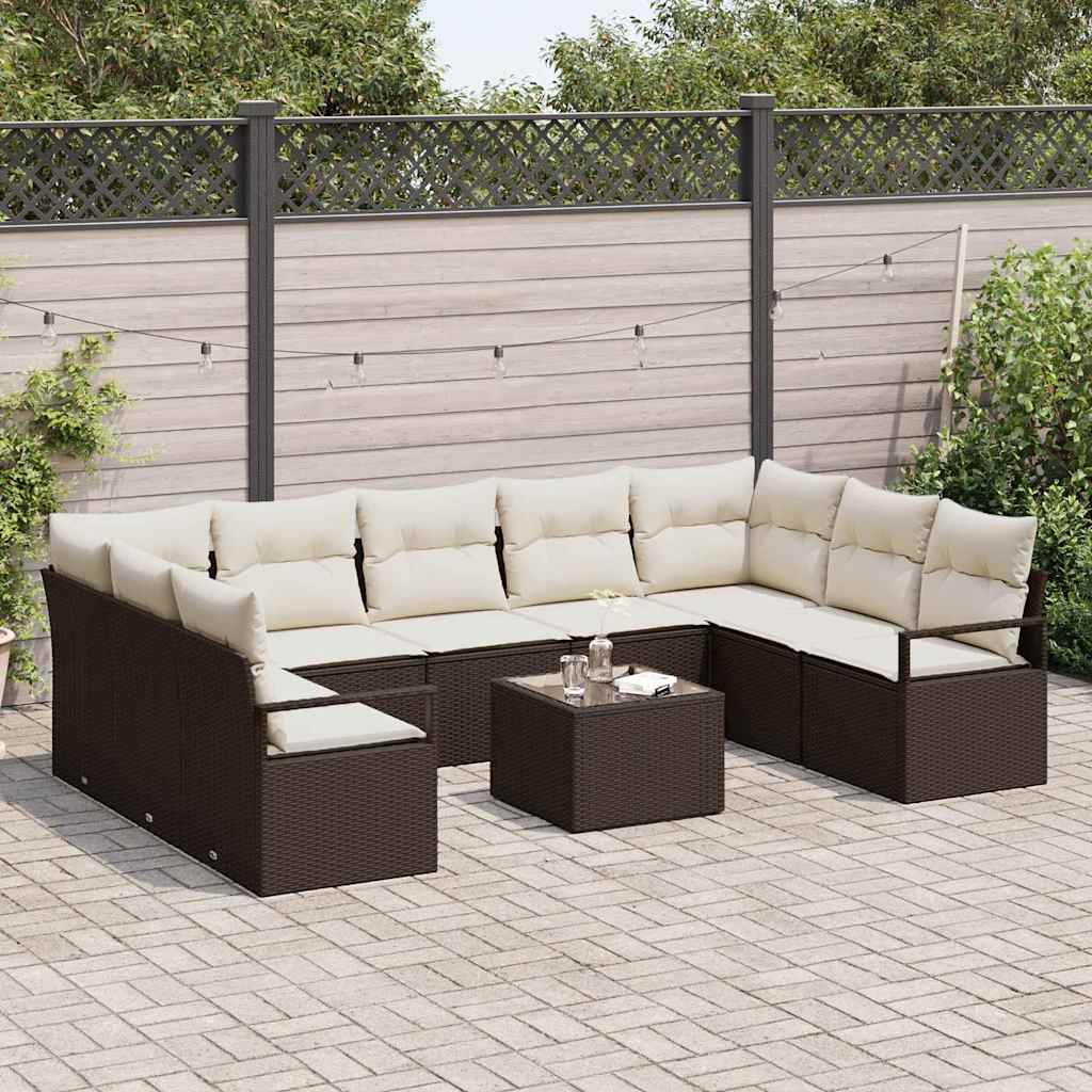 Havesofa Sæt med pude 10 pcs Brun og Creme polyrattan