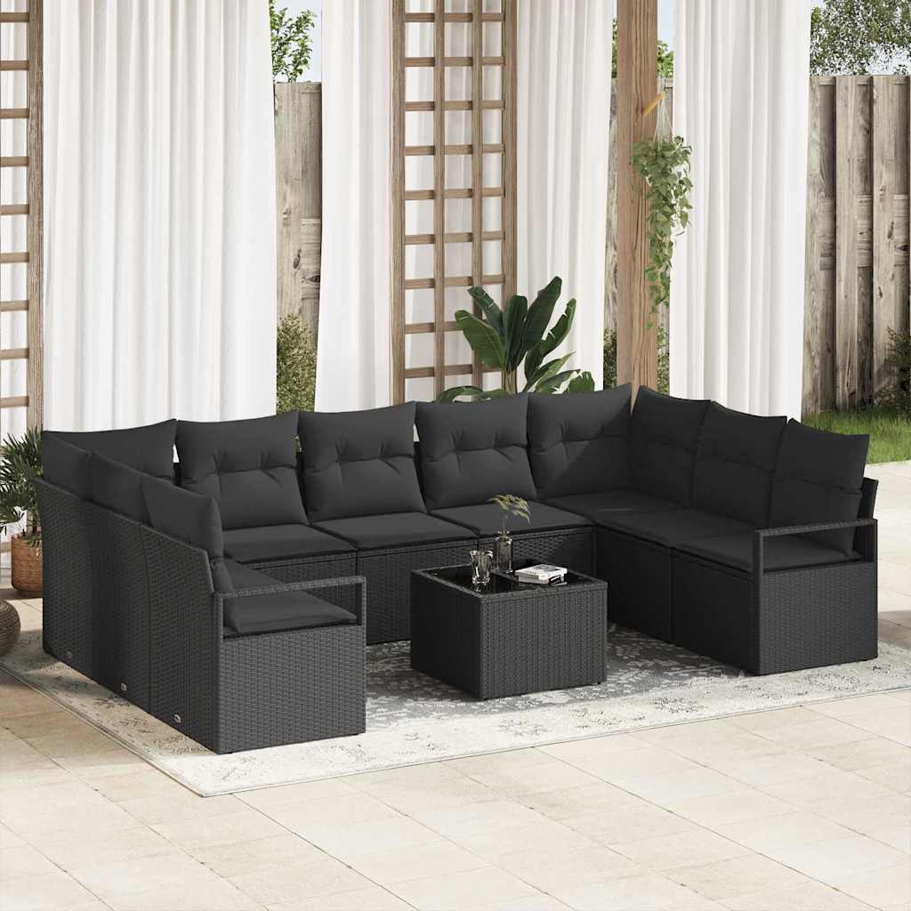 Havesofa Sæt med pude med opbevaring 10 pcs Sort polyrattan
