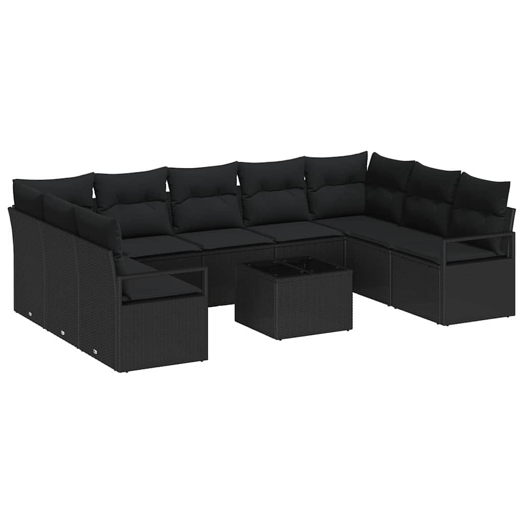 Havesofa Sæt med pude med opbevaring 10 pcs Sort polyrattan