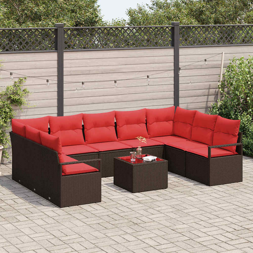 Havesofa Sæt med pude 10 pcs Brun og Rød polyrattan