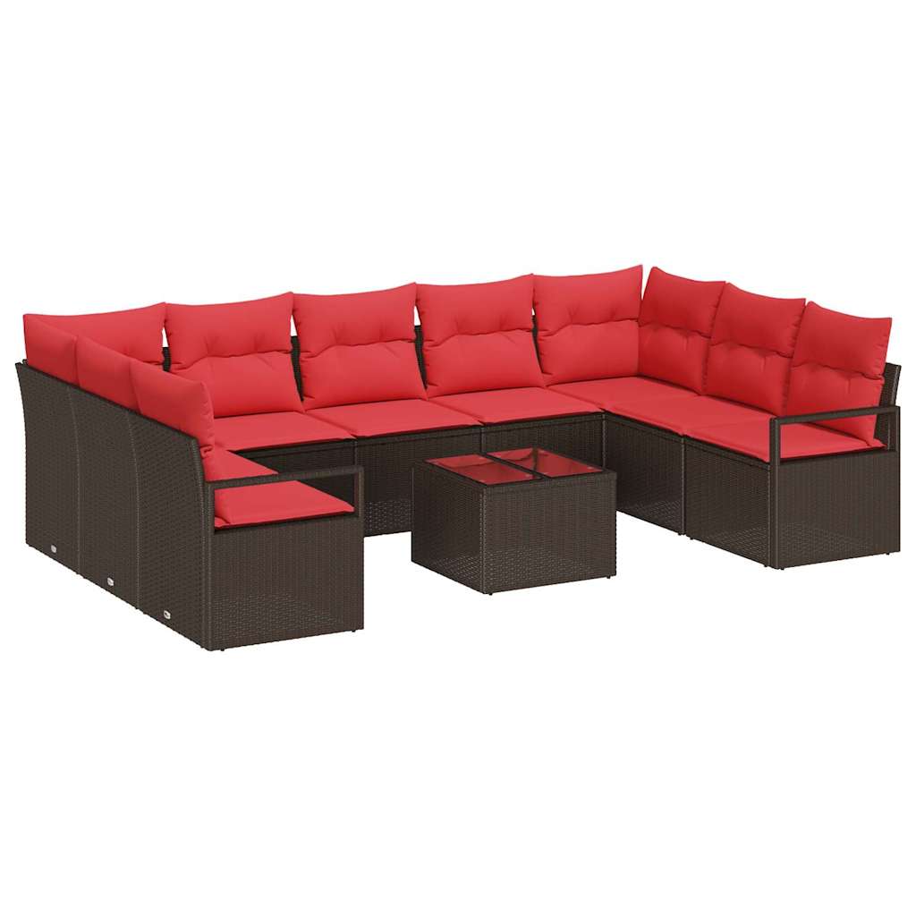 Havesofa Sæt med pude 10 pcs Brun og Rød polyrattan
