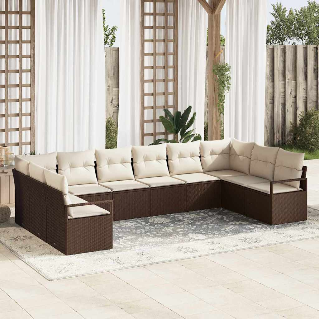Havesofa Sæt med pude 10 pcs Brun og hvid polyrattan