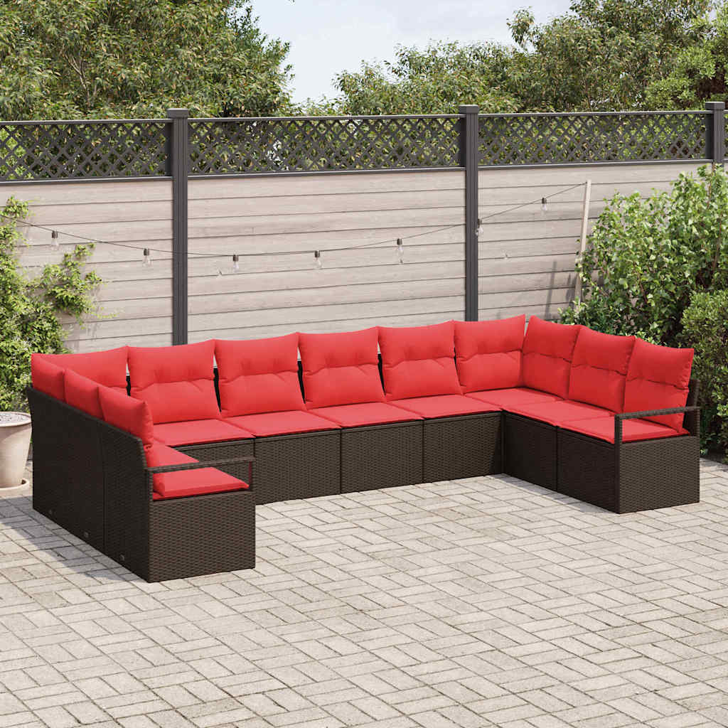 Havesofa Sæt med pude 10 pcs Brun og Rød polyrattan