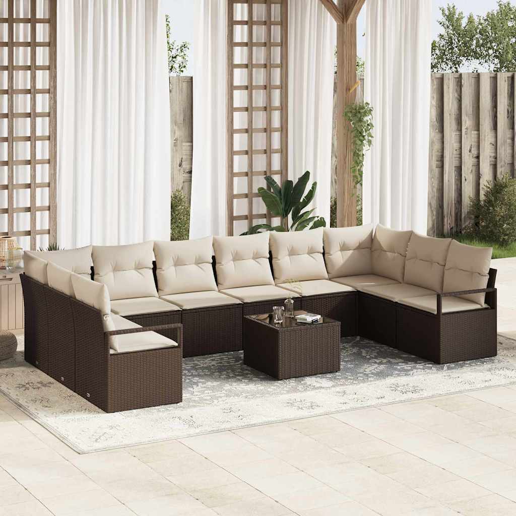 Havesofa Sæt med pude 11 pcs Brun og Creme polyrattan