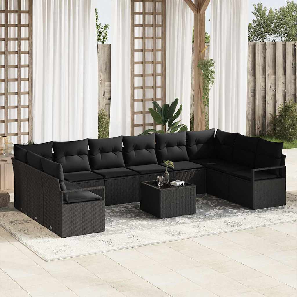 Havesofa Sæt med pude med opbevaring 11 pcs Sort polyrattan