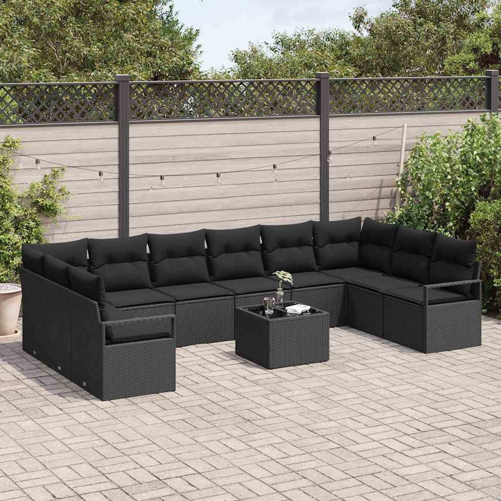 Havesofa Sæt med pude med opbevaring 11 pcs Sort polyrattan