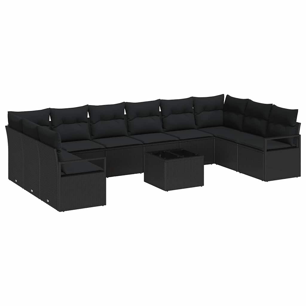 Havesofa Sæt med pude med opbevaring 11 pcs Sort polyrattan