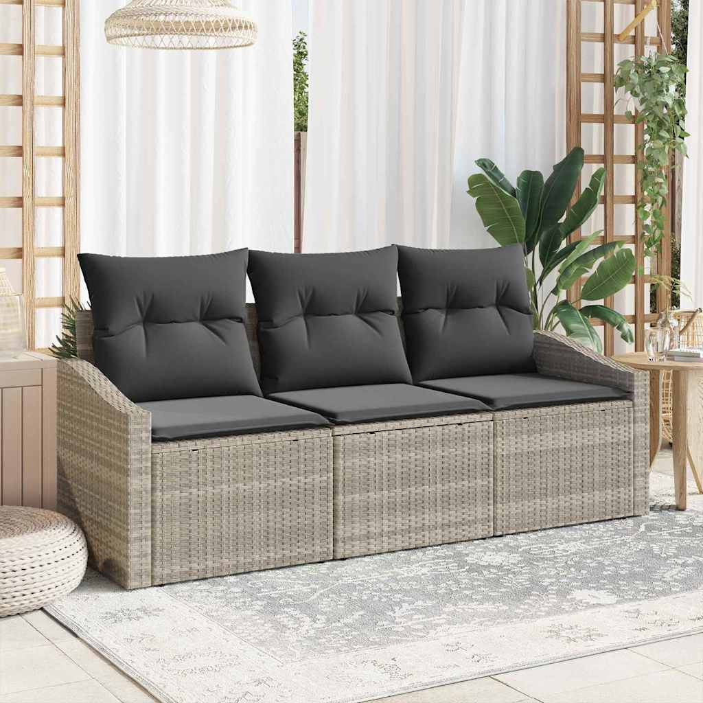 Havesofa Sæt med pude med opbevaring 3 pcs Lysegrå polyrattan