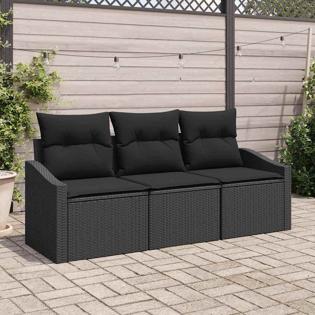 Havesofa Sæt med pude med opbevaring 3 pcs Sort polyrattan