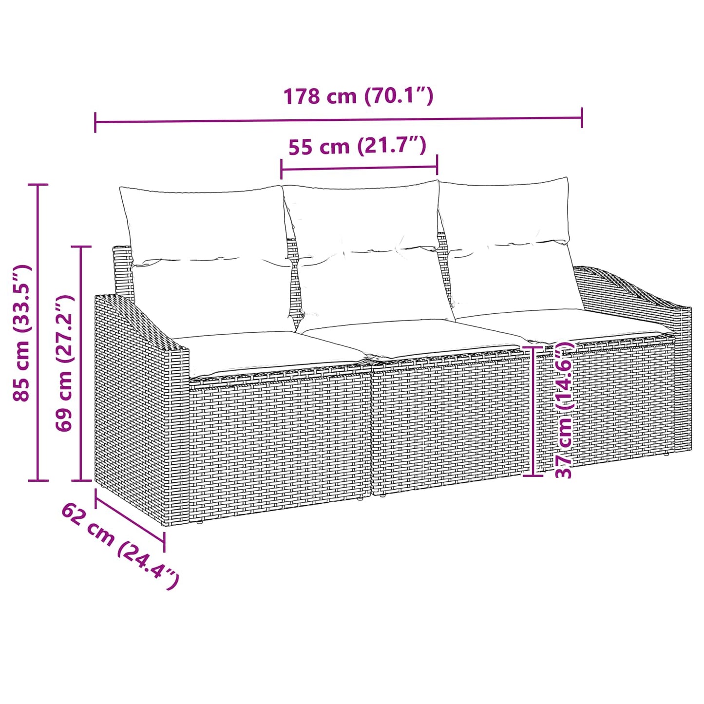 Havesofa Sæt med pude 3 pcs Grå og Marineblå polyrattan