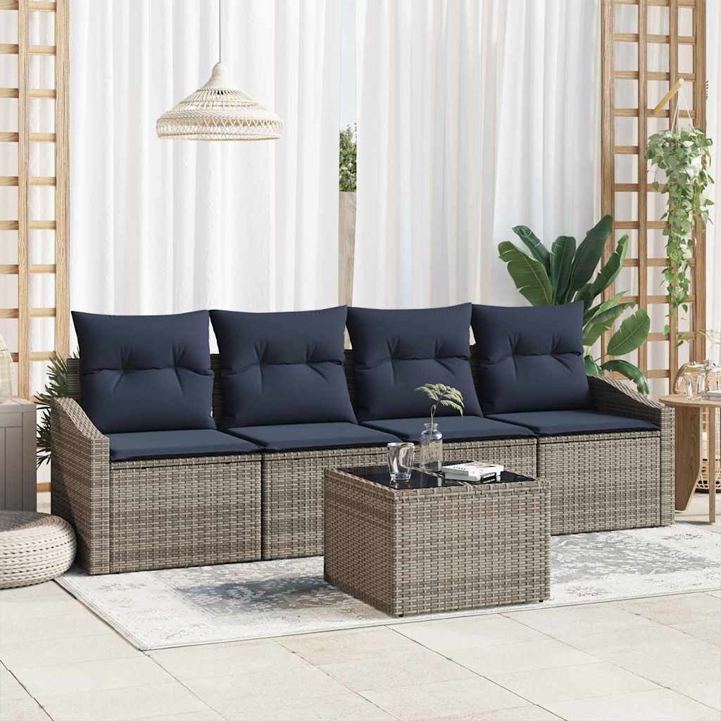 Sofa Sæt med pude 5 pcs Grå og Marineblå polyrattan