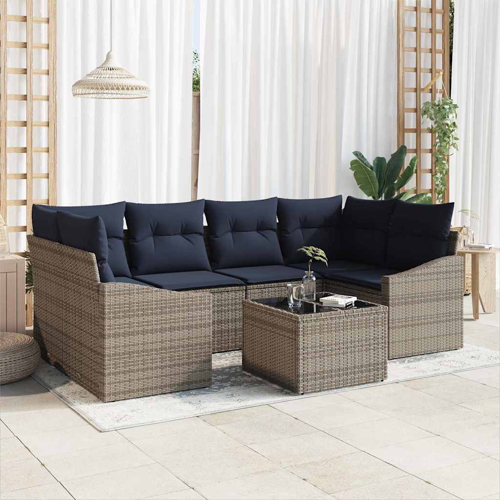 Sofa Sæt med pude 7 pcs Grå og Marineblå polyrattan