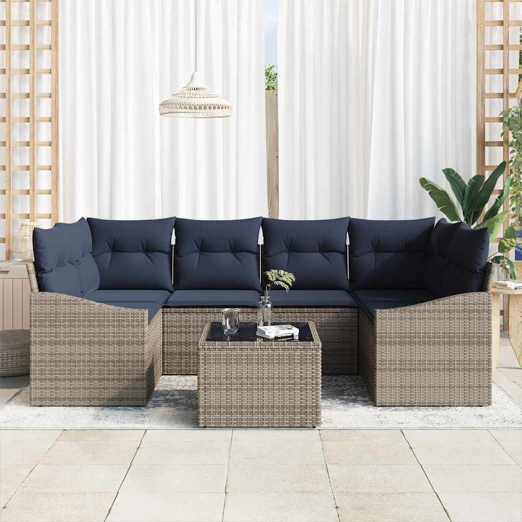 Sofa Sæt med pude 7 pcs Grå og Marineblå polyrattan