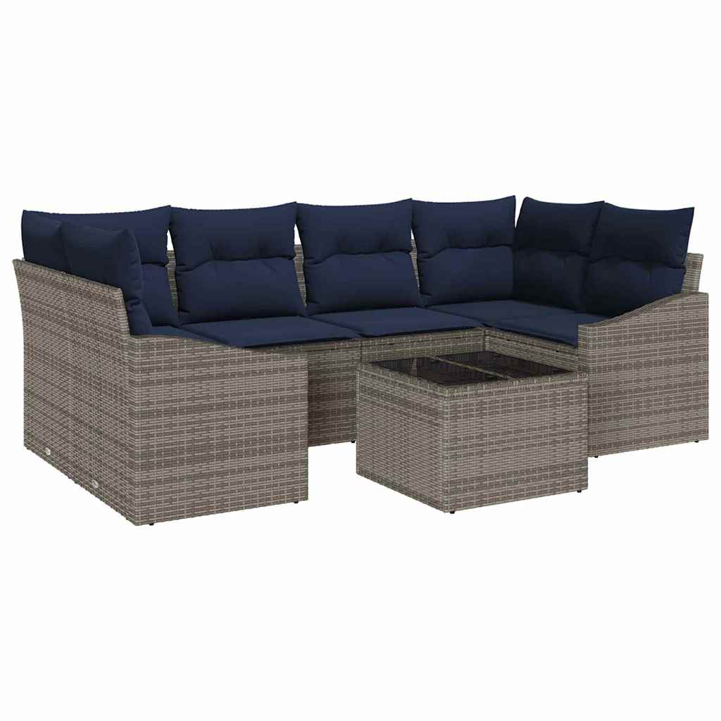 Sofa Sæt med pude 7 pcs Grå og Marineblå polyrattan