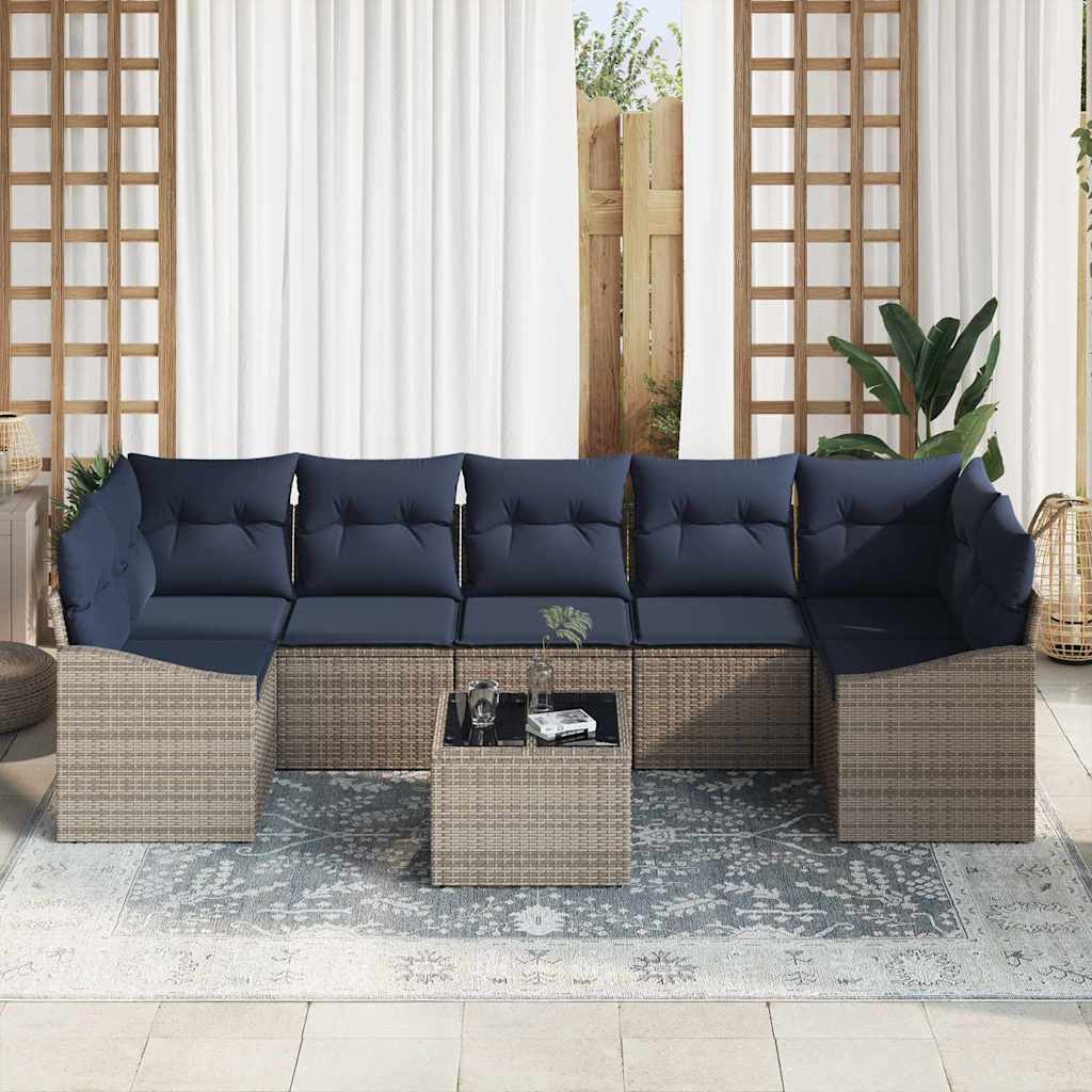 Sofa Sæt med pude 8 pcs Grå og Marineblå polyrattan