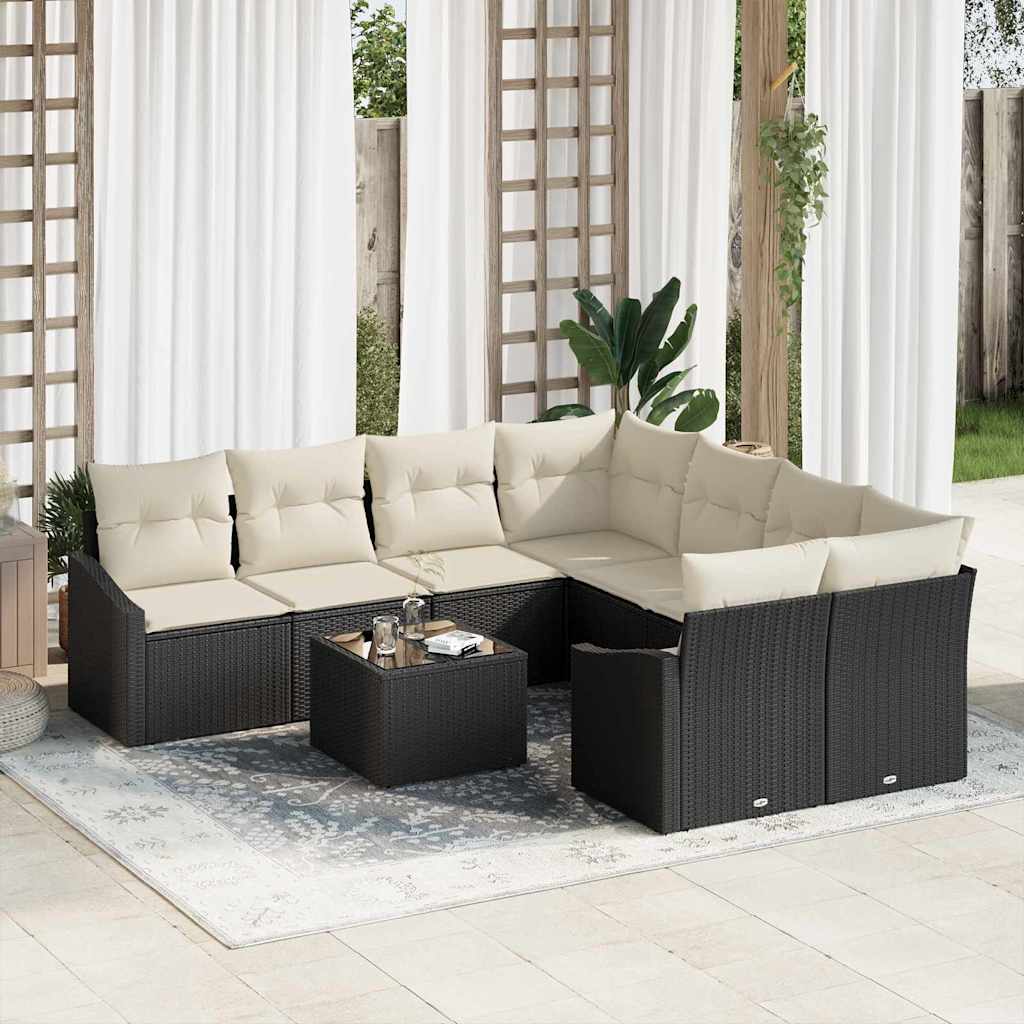Sofa Sæt med pude med opbevaring 9 pcs Sort og Cream polyrattan