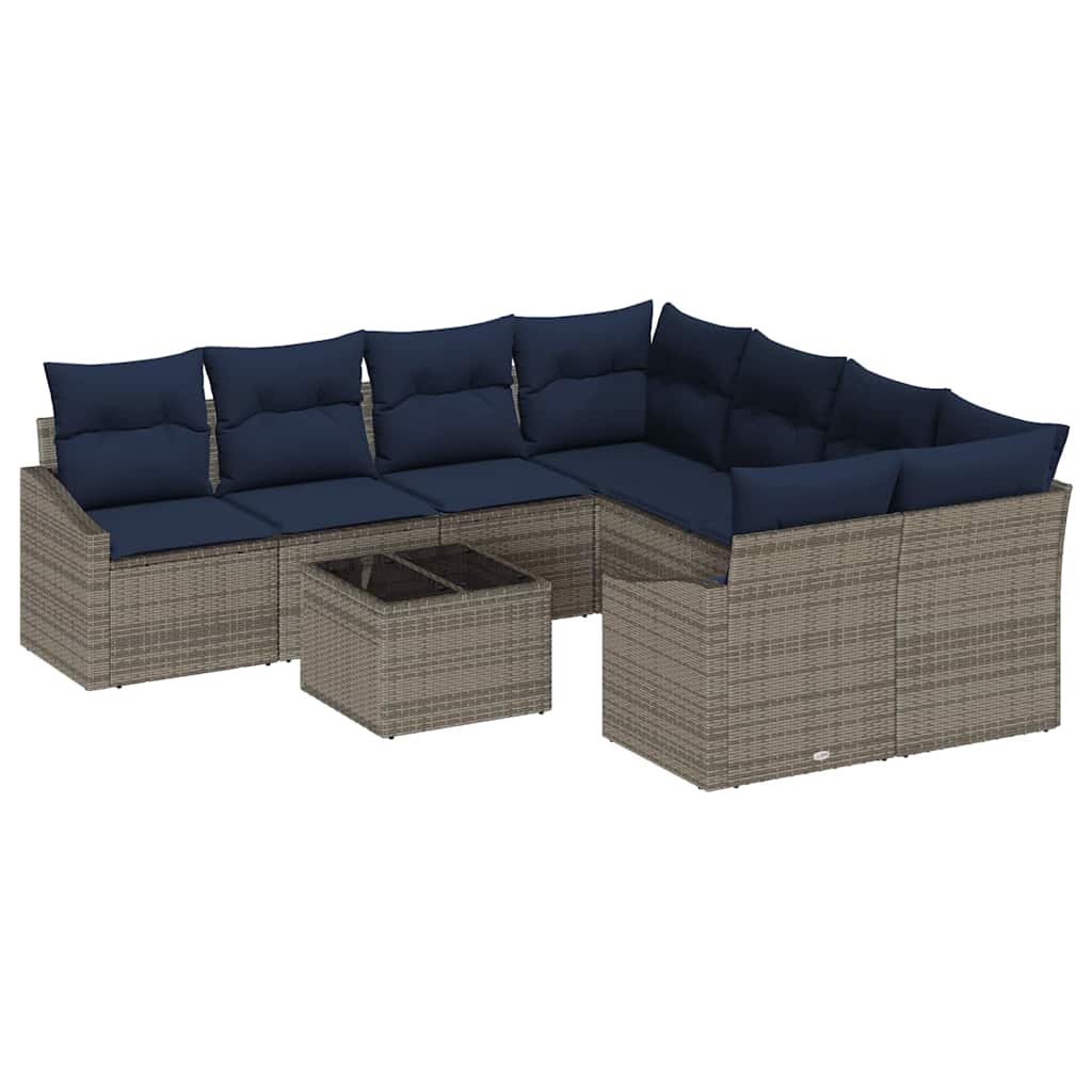 Sofa Sæt med pude 9 pcs Grå og Marineblå polyrattan
