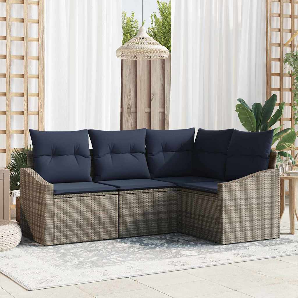Havesofa Sæt med pude 4 pcs Grå og Marineblå polyrattan