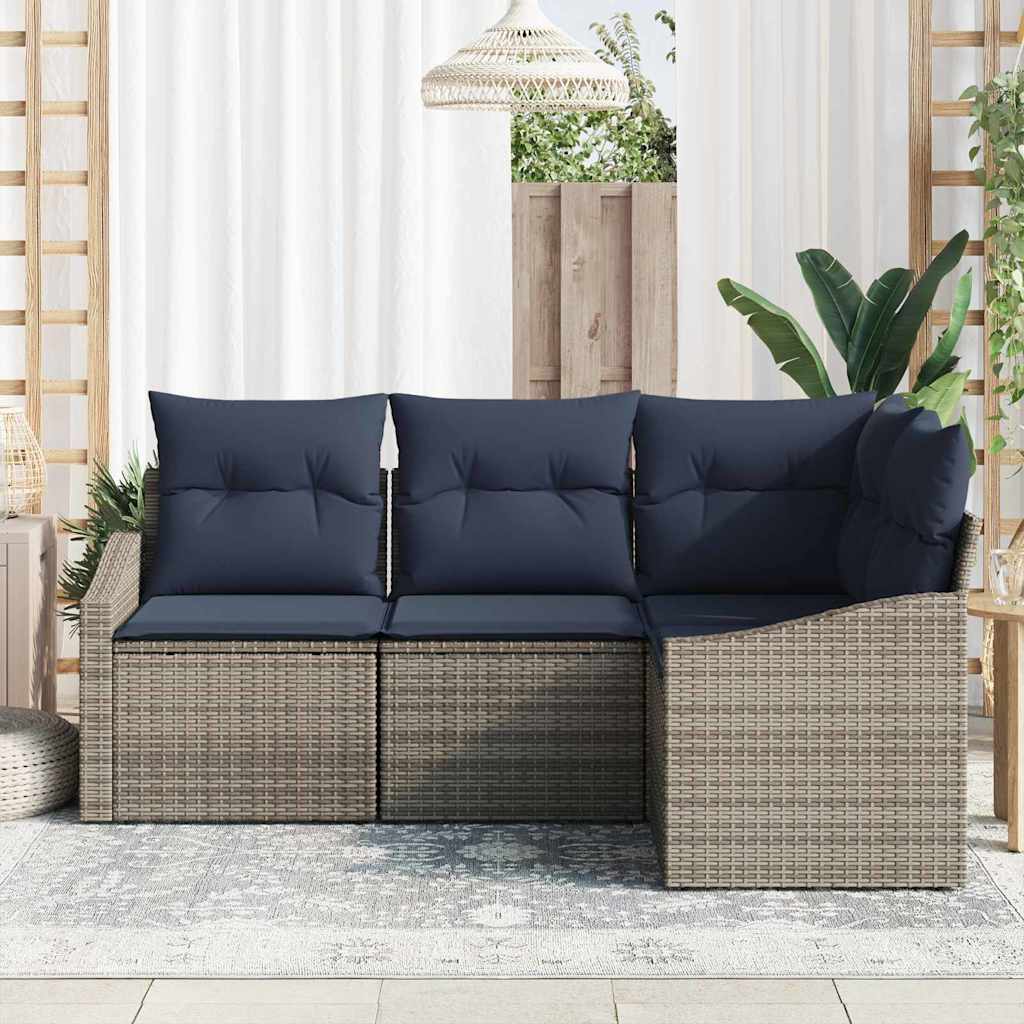 Havesofa Sæt med pude 4 pcs Grå og Marineblå polyrattan