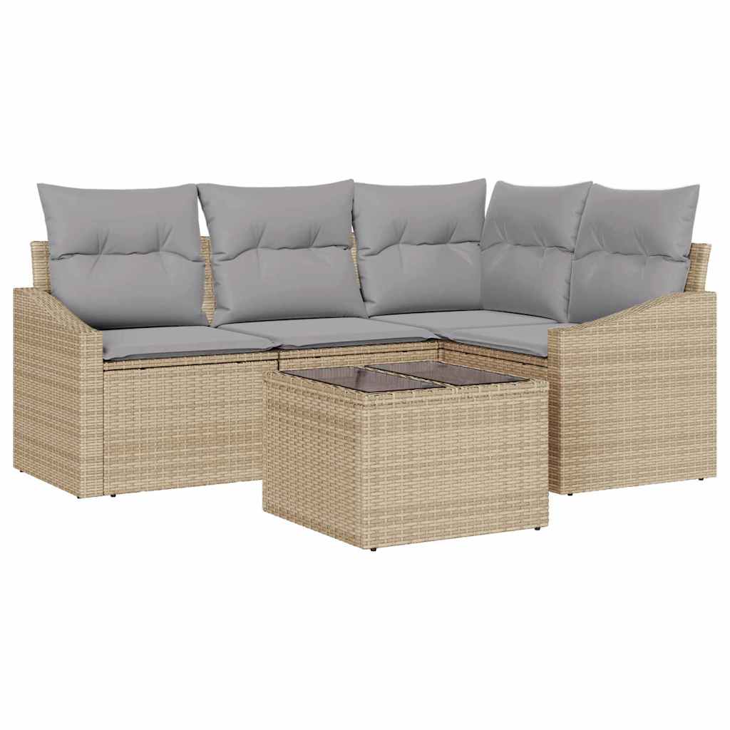 Havesofa Sæt med pude 5 pcs Beige og lys grå polyrattan