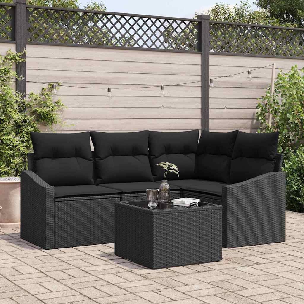 Havesofa Sæt med pude med opbevaring 5 pcs Sort polyrattan