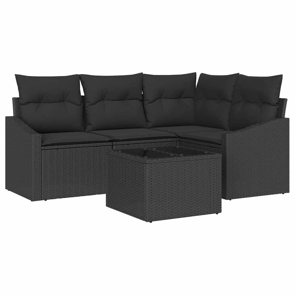 Havesofa Sæt med pude med opbevaring 5 pcs Sort polyrattan