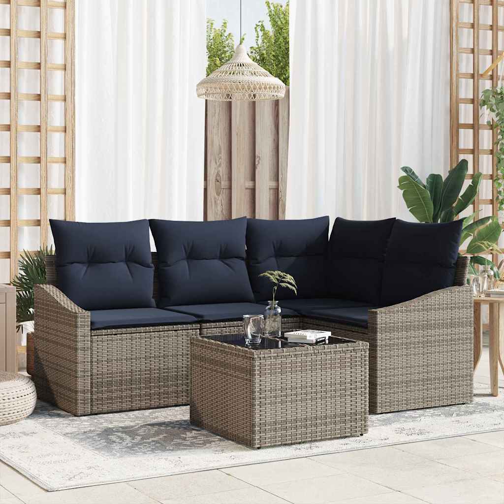 Havesofa Sæt med pude 5 pcs Grå og Marineblå polyrattan billede