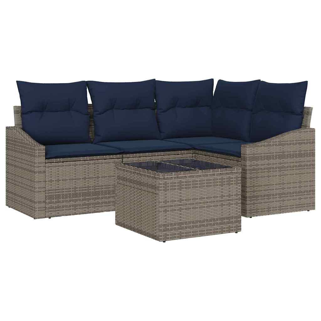 Havesofa Sæt med pude 5 pcs Grå og Marineblå polyrattan