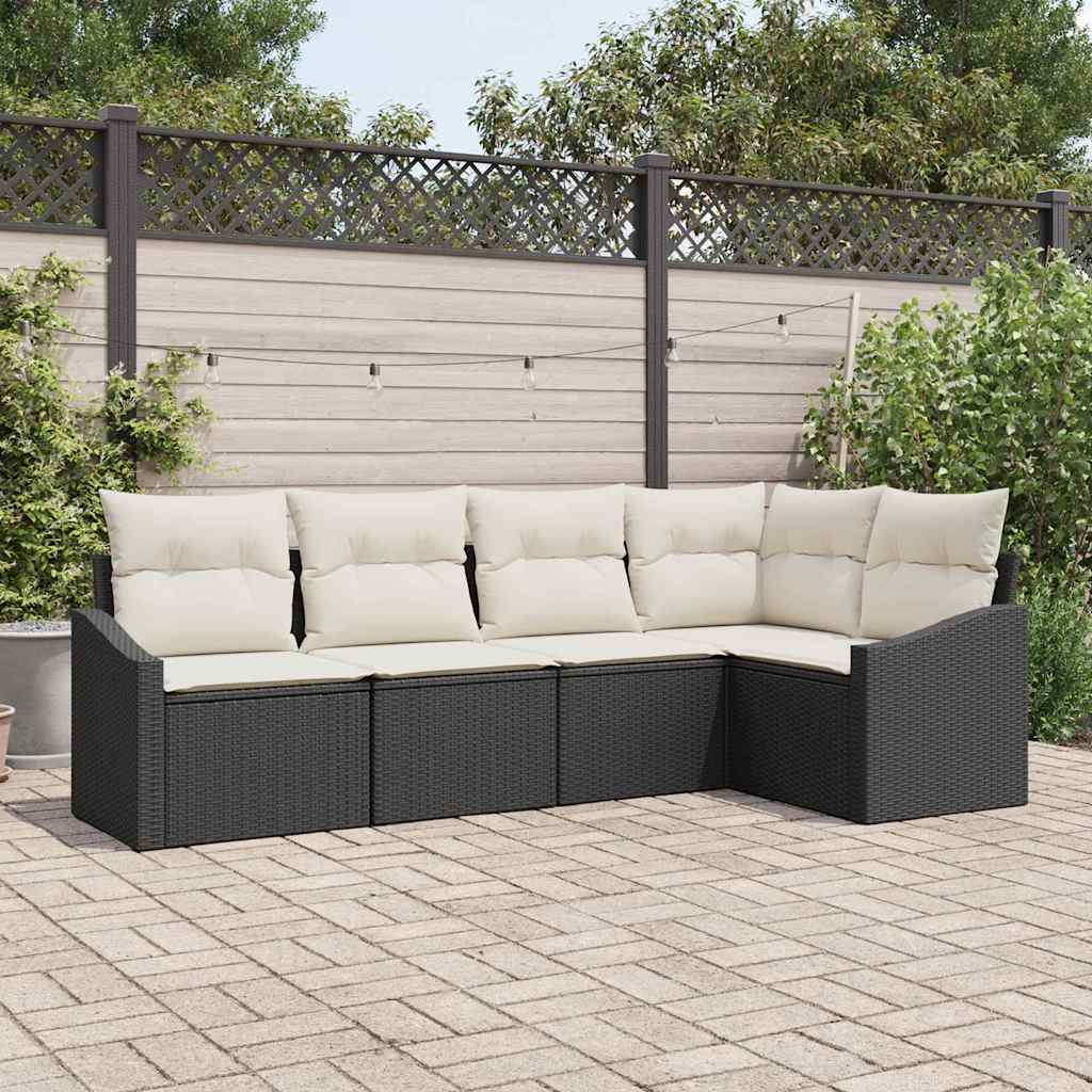 Havesofa Sæt med pude 5 pcs Sort og Hvid polyrattan